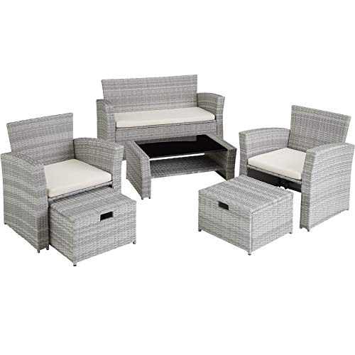 TecTake 800719 Salottino in Rattan, Componibile con Versatilità, Resistente ai Raggi UV, Robusto Acciaio, Tavolo con Piano & Cuscini (Grigio Chiaro | No. 403718)