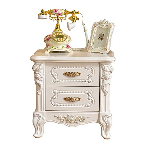 Comodino HAIZHEN Vintage di Lusso a 2 cassetti, tavolino Quadrato Intagliato a Mano, Bianco Latte, 48 × 33 × 48 cm