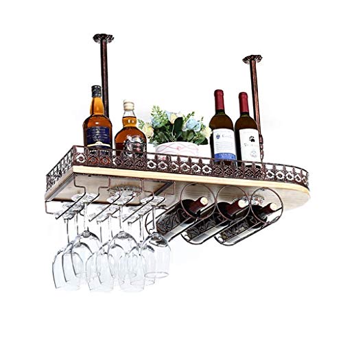 COLiJOL Scaffale per Vino Scaffale da Cucina Organizzazione a Soffitto Appeso a Soffitto in Legno Massello Portabottiglie per Vino Bicchiere da Vino in Metallo Appendiabiti e Ripiano per Calice, 60/8