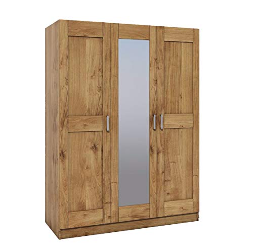 Möbel-Store24 - Armadio con ante a specchio, in legno di quercia naturale parzialmente oliato, 3 ante