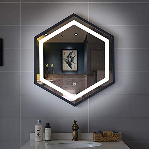 Specchio 70x80 cm Specchio Illuminato a LED, Specchio per Il Trucco Esagonale in Acciaio Inossidabile con Bordo, lavabo/Bagno/Camera da Letto/Ingresso Verticale Orizzontale