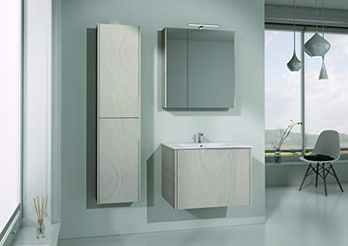 Mobile da bagno effetto marmo bianco c/lavabo e specchio contenitore con lampada LED L.70 H.75 P.16 - Base c/cassettone e top con lavabo integrato, colonna con due ante dx L.35 H.158 P.20,7