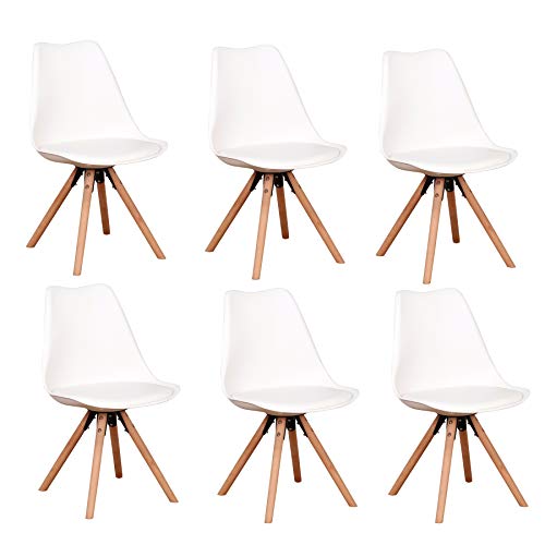 BenyLed Set di 6 Sedie da Pranzo Moderne Mid Century Imbottite con Gambe in Legno di Faggio e Guscio Imbottito Morbido per Sala da Pranzo Soggiorno Camera da Letto Cucina (bianca)