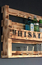 Mensola per Whisky in Legno - con portabicchieri e Scritta Whisky - fiammata - Stile Industriale - Pronto per Il Montaggio - Bar a Muro - mensola per Whisky in Legno