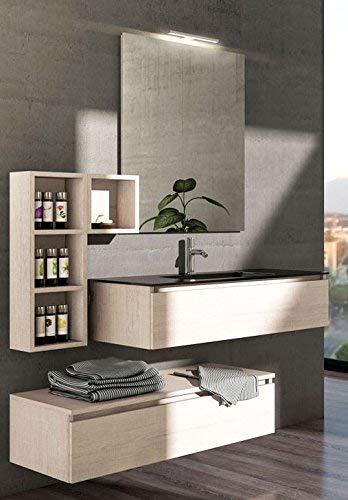 Mobile da bagno, specchio con luci a led, cassetti come da foto Misura: L.135 P.46 cm Finitura: Finitura Rovere ?tranch�? chiaro Top: Vasca lavabo integrata in cristallo nero - 100% made in Italy