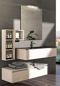 Mobile da bagno, specchio con luci a led, cassetti come da foto Misura: L.135 P.46 cm Finitura: Finitura Rovere ?tranch�? chiaro Top: Vasca lavabo integrata in cristallo nero - 100% made in Italy
