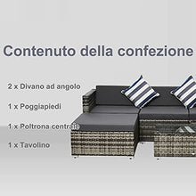 Outsunny Set Mobili da Giardino da 5 Pezzi, Divanetto per Esterni con Pouf e Tavolino in Rattan PE, Grigio