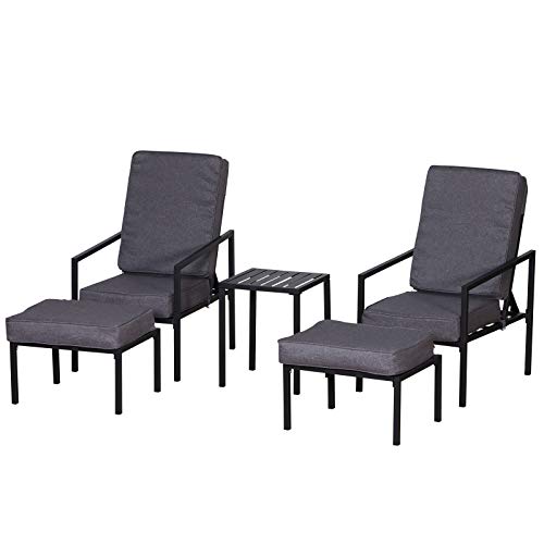 Outsunny Set 5 Pezzi Mobili da Esterno, 2 Sedie Reclinabili, 2 Pouf e 1 Tavolino, Grigio e Nero, Metallo e Poliestere