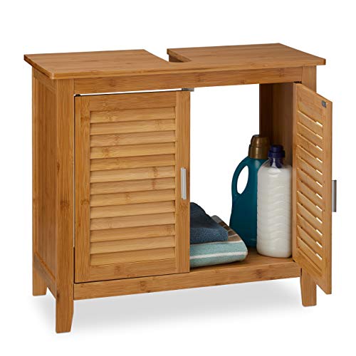 Relaxdays Mobile Sottolavabo LAMELL in bambù & MDF, Armadietto, Lavandino, Lamellato, 2 Ante, 60x67x30 cm ca, Naturale, bambú, Marrone, 1 pz
