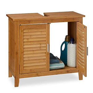 Relaxdays Mobile Sottolavabo LAMELL in bambù & MDF, Armadietto, Lavandino, Lamellato, 2 Ante, 60x67x30 cm ca, Naturale, bambú, Marrone, 1 pz