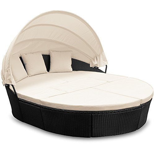 Casaria Isola prendisole XXL in polyrattan Ø 226cm Tettucio parasole pieghevole Imbottiture spesse 7cm + 3 Cuscini Lettino prendisole Mobili da giardino ovale nero