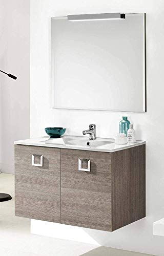Mobile da bagno con lavabo sospeso - Componibile bagno sospeso 2 ante con maniglie cromate, lavabo in ceramica e specchio con luce a Led. cm. 81 x 47 x 195h. Mobile di altissima qualit�. (STMB)