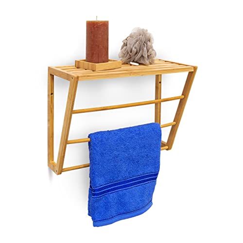 Relaxdays Mensola Portasciugamani da Muro, Guardaroba in bambù, con 3 Sbarre, HxLxP: 30x42x20 cm, da Bagno, Naturale, Bambú, Marrone, 1 pz