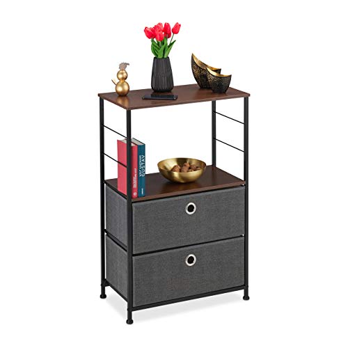 Relaxdays Cassettiera, 2 Cassetti in Stoffa, Scomparto e Ripiano, Aspetto Legno, Gambe in Acciaio, 85,5x55x30 cm, Grigio, Poliestere, Pannelli MDF, Nero