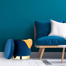 Relaxdays Sgabello in Velluto, Rotondo, Elegante Poggiapiedi Imbottito, Base Dorata, Pouf Moderno, H x D: 41,5 x 37, Blu, Cartone, gommapiuma, 1 pz