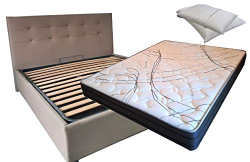 SARDAMATERASSI Letto Matrimoniale con Box Contenitore similpelle Beige + Materasso Memory 24cm +coppia guanciali memory foam