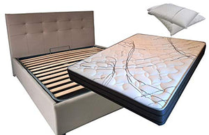 SARDAMATERASSI Letto Matrimoniale con Box Contenitore similpelle Beige + Materasso Memory 24cm +coppia guanciali memory foam