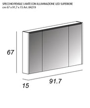 Specchiera specchio bagno pensile contenitore 3 ante, fascia led, cm.67x91,7x15