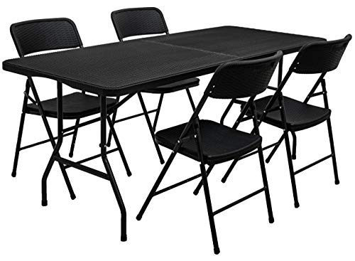 AMANKA Set di Mobili Giardino - Tavolo da 180 cm con 4 Sedie Gruppo di Seduta Pieghevole Rattan Look