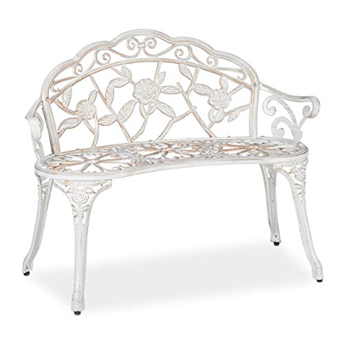 Relaxdays Panchina in Ghisa, 2 Posti, Rose, da Esterno, Terrazzo, Giardino, Ferro Stile Antico, 78x98x57cm, Bianco/Verde