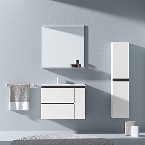 Mobili KOL 80 cm | Laccato Bianco | 80 x 60 x 45 cm | Mobile con 2 cassetti + 1 Anta + lavabo in Ceramica a Sinistra