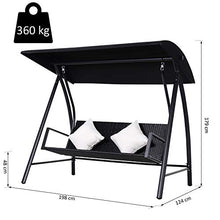 Outsunny Dondolo Polyrattan da Giardino a 3 posti, 2 Cuscini e Baldacchino Ferro Verniciato a Polvere Tetto Idrorepellente Cuscini Sfoderabili Nero 198x124x179cm 360kg