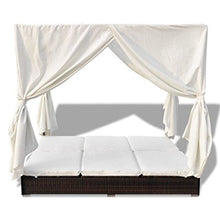 Festnight Lettino Prendisole Letto Matrimoniale Prendisole Reclinabile a Baldacchino con Tende in Polirattan Marrone/Nero da Mare/Picsina/Giardino/Patio per Esterni 197 x 140 x 180 cm