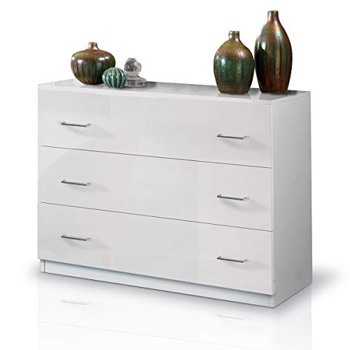 MF Comò Cassettiera 3 Cassetti Laccato Lucido, 100 x 77 x 44 cm (Bianco)