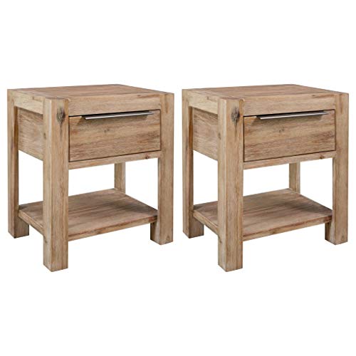 Wakects Set di 2 comodini in legno di acacia massiccio, con 1 cassetto, per camera da letto, soggiorno, 40 x 30 x 48 cm