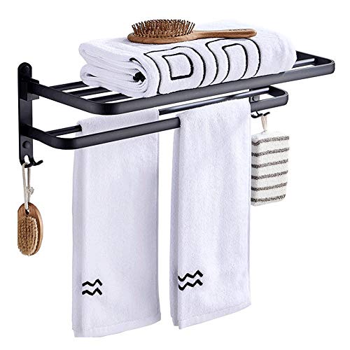 JRMM Porta Asciugamani Bagno da Parete con Mensola Portasciugamani Bagno da Muro Porta Salviette Doppio, Alluminio, Nero Opaco22.6 inch