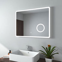 EMKE Specchio bagno LED 80 x 60 cm con luce bianca fredda con interruttore tattile, anti-appannamento, specchio per il trucco con ingrandimento 3 volte IP44