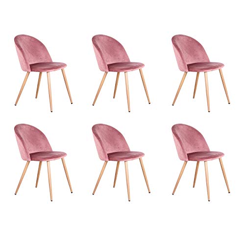BenyLed Set di 6 Sedie Imbottite per Sala da Pranzo, con Schienale in Morbido Velluto e Gambe Regolabili in Metallo, Colore: Rosa