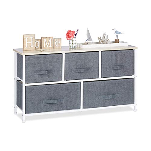 Relaxdays, Grigio 10023328_493 Mobiletto con 5 Cassetti, Mobile Cassettiera, HxLxP: 54,5 x 100 x 30 cm, Tessuto, Metallo, Legno