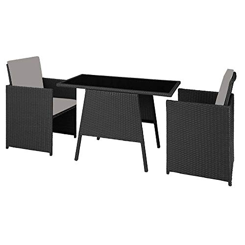 Chicreat Set pieghevole in polyrattan, 2 Sedie e 1 Tavolo con ripiano in vetro, include cuscini per seduta e schienale
