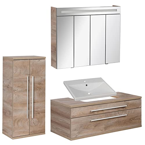 FACKELMANN - Set di mobili da bagno Stanford, 4 pezzi, con mobiletto da appendere e lavabo in ceramica, 110 cm e armadietto a specchio a LED