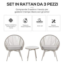 Outsunny Mobili da Giardino in Rattan Sintetico, Set 3 Pezzi Tavolino e Sedie da Giardino ed Esterno, Bianco Crema