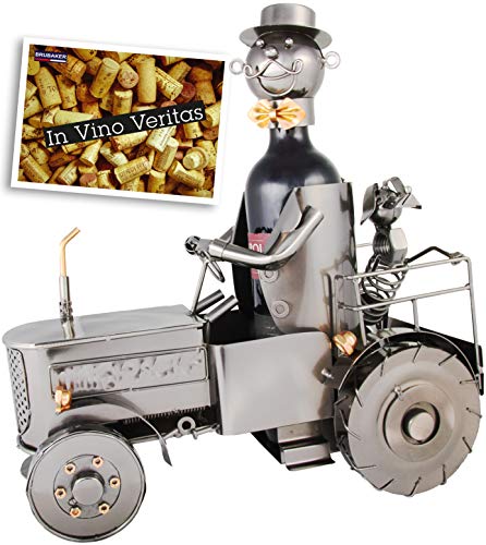 Brubaker Portabottiglie con trattore, autista e cane - oggetto decorativo Trecker Schlepper in metallo - supporto per bottiglia con biglietto di auguri per il vino