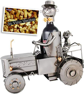 Brubaker Portabottiglie con trattore, autista e cane - oggetto decorativo Trecker Schlepper in metallo - supporto per bottiglia con biglietto di auguri per il vino