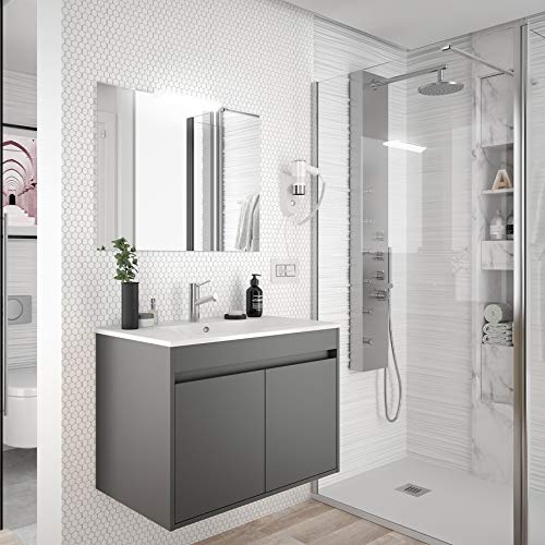 Yellowshop. - Mobile Bagno sospeso in Legno a 2 Ante con Freno con lavabo e specchiera con faretto LED Modello Noja800 Colori Vari (Grigio Opaco)