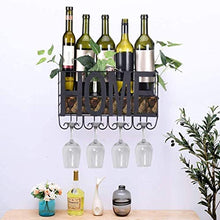 LANA Porta Vino Metallo Parete Scaffale Vino, 5 Bottiglie di Vino e 4 STEM portaocchiali con Sughero Bagagli, Mensola Vino for Bar/Cucina/armadi, Nero