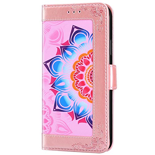 ikasus Cover Compatibile con Samsung Galaxy M10/A10 Custodia Motivo Floreale Custodia a Portafoglio in Pelle PU con Cavalletto e Custodia a Libro,Oro Rosa
