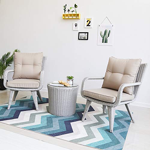 Set di Mobili da Giardino per Esterni, 3 Pezzi di Sedie da Giardino in Vimini per Conversazioni da Giardino Set di Combinazione di Sedie in Rattan da Giardino E Tavolini in Vetro,Grigio