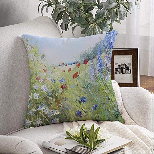 Kris.D Copertura Decorativa del Cuscino di tiro Papaveri Rossi Marguerites Bianchi sul Paesaggio Estate Prato Colori ad Olio Acrilico Tela Pittura Parchi18x18 Pollici
