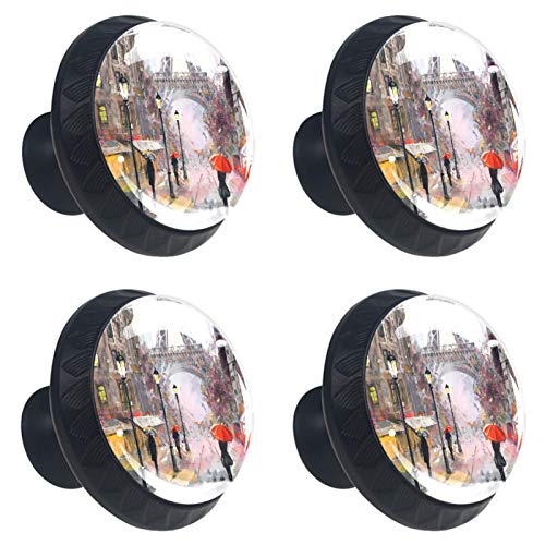 Set di 4 maniglie rotonde per armadio da cucina, credenza, cassettiera, cassettiera, con viti, per cucina, comò, armadietto, bagno, armadio, Torre Eiffel di Parigi