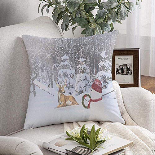 Kris.D Copricuscino Decorativo Pupazzo di Neve Ghirlanda di Natale Innevato Ornamenti di Cervi con Decorazioni per Vacanze nella Foresta naturale18x18 Pollici