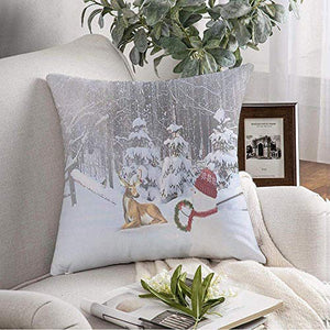 Kris.D Copricuscino Decorativo Pupazzo di Neve Ghirlanda di Natale Innevato Ornamenti di Cervi con Decorazioni per Vacanze nella Foresta naturale18x18 Pollici