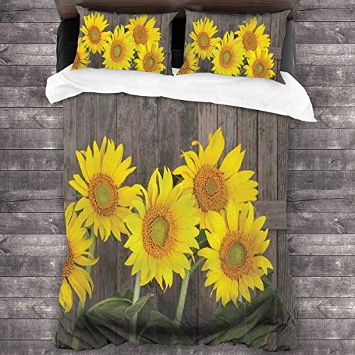 Jnsio Set Copripiumino Decorativo 3 Pezzi con Chiusura a Cerniera Helianthus Girasoli Contro Recinzione invecchiata intemperie Summer Garden Hotel Dormitorio Copripiumino + 2 Fodere per Cuscini C1183