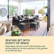 blumfeldt Titania Dining Lounge Set - Arredamento da Giardino, Set per Angolo, Set in 5 Parti: Divano ad Angolo, Tavolo, 3 Sgabelli, 7 Posti, Imbottitura 8cm, Federe Grigio Scuro, Rattan: Nero