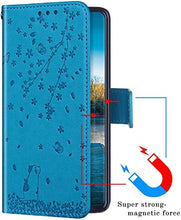 Robinsoni Cover Compatibile con Samsung Galaxy J3 2016 Case Scintillare Glitters Lucido PortaLibro Custodia Retro 3D Ciliegia & Gatto Stampato Pelle PU Libretto Cover Flip Farfalla Caso, Blu