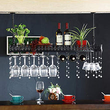 Portavini Portabottiglie in Ferro da Appendere, Portabicchieri da Vino, Regolabile in Altezza, Espositore per Vino da Bar Ristorante, con Pendente in Cristallo， Nero